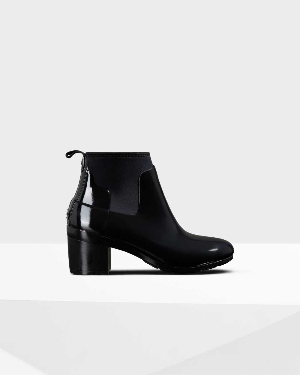 Womens Hunter Refined Slim Fit Gloss Mid Heel Boots Black | IOUNGK-803